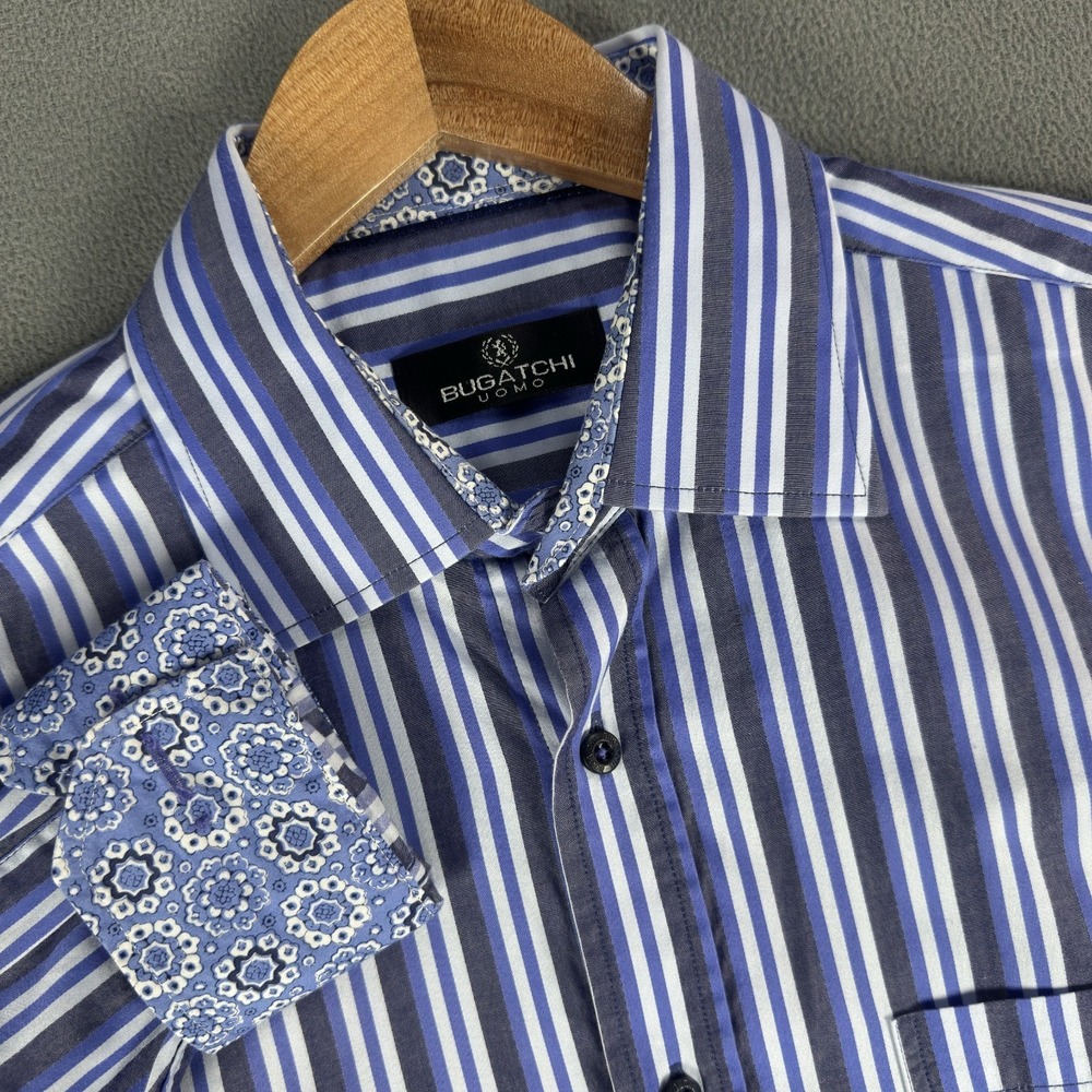 Bugatchi‎ Shirt Mens Large Blue Striped Convertible Flip Cuff Colorful Luxe Rave